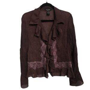 Vintage 90s Top L Brown Sheer & Lace Button Up Fairy Edwardian Renaissance